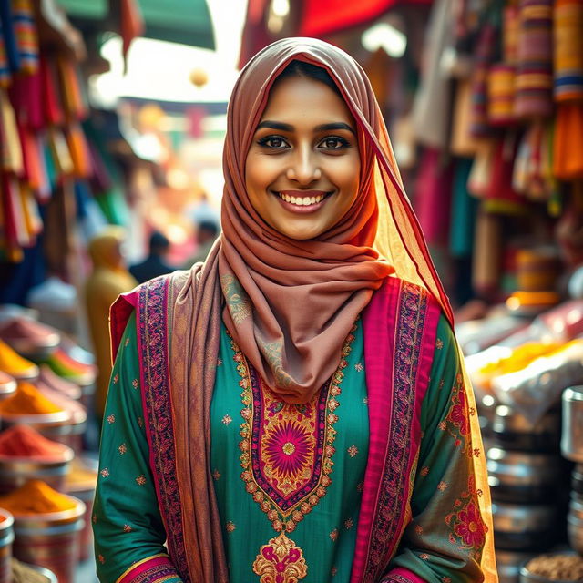 A beautiful Indian hijabi girl, elegantly dressed in traditional attire with a modern flair