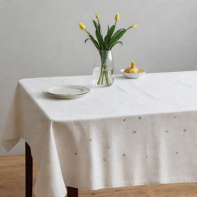 A dining table set against a minimalistic, sober background