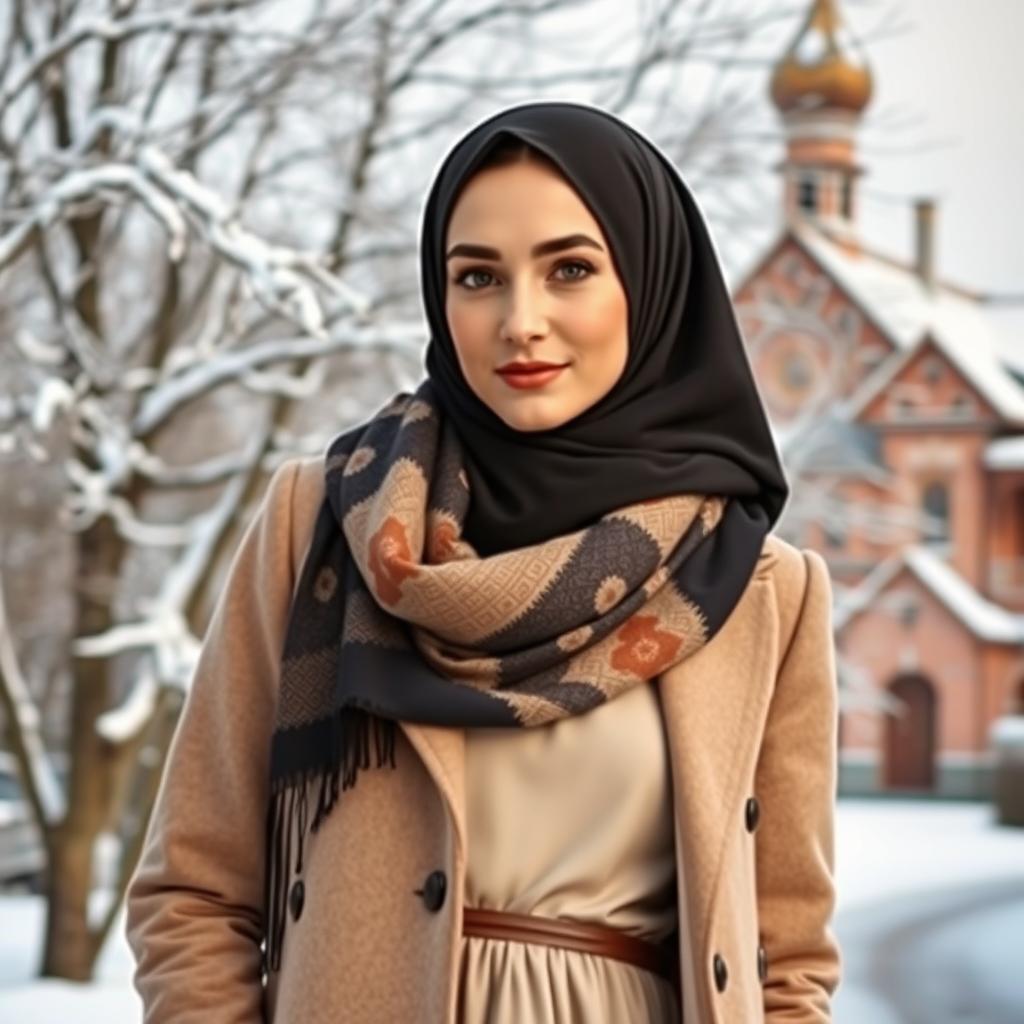 A beautiful Russian hijabi girl, elegantly dressed in a fusion of cultural styles