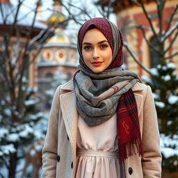 A beautiful Russian hijabi girl, elegantly dressed in a fusion of cultural styles