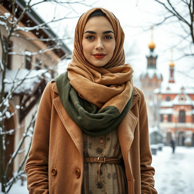 A beautiful Russian hijabi girl, elegantly dressed in a fusion of cultural styles