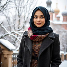 A beautiful Russian hijabi girl, elegantly dressed in a fusion of cultural styles
