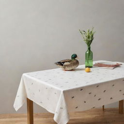 A dining table against a sober and minimalistic background, covered with a tablecloth featuring a duck print.