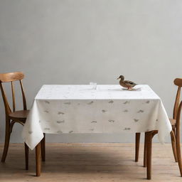 A dining table against a sober and minimalistic background, covered with a tablecloth featuring a duck print.