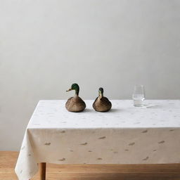 A dining table against a sober and minimalistic background, covered with a tablecloth featuring a duck print.