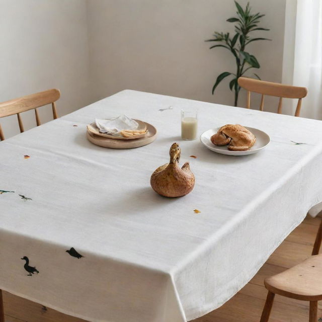 A dining table against a sober and minimalistic background, covered with a tablecloth featuring a duck print.