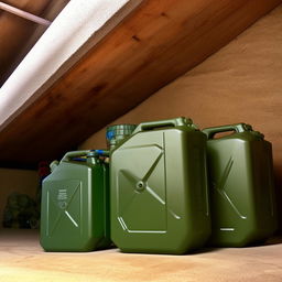 3 10-liter jerry cans in home garage