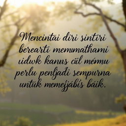 An inspirational quote in beautiful calligraphy: "Mencintai diri sendiri berarti memahami bahwa kamu tidak perlu menjadi sempurna untuk menjadi baik