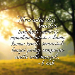 An inspirational quote in beautiful calligraphy: "Mencintai diri sendiri berarti memahami bahwa kamu tidak perlu menjadi sempurna untuk menjadi baik