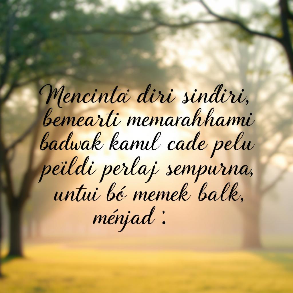 An inspirational quote in beautiful calligraphy: "Mencintai diri sendiri berarti memahami bahwa kamu tidak perlu menjadi sempurna untuk menjadi baik