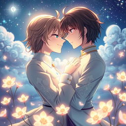 An enchanting anime scene depicting a passionate and devoted relationship, featuring two characters in a romantic embrace under a starlit sky