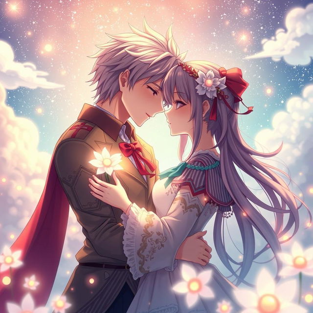 An enchanting anime scene depicting a passionate and devoted relationship, featuring two characters in a romantic embrace under a starlit sky