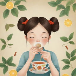 A whimsical cartoon of a Chinese girl peacefully sipping tea