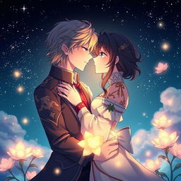 An enchanting anime scene depicting a passionate and devoted relationship, featuring two characters in a romantic embrace under a starlit sky