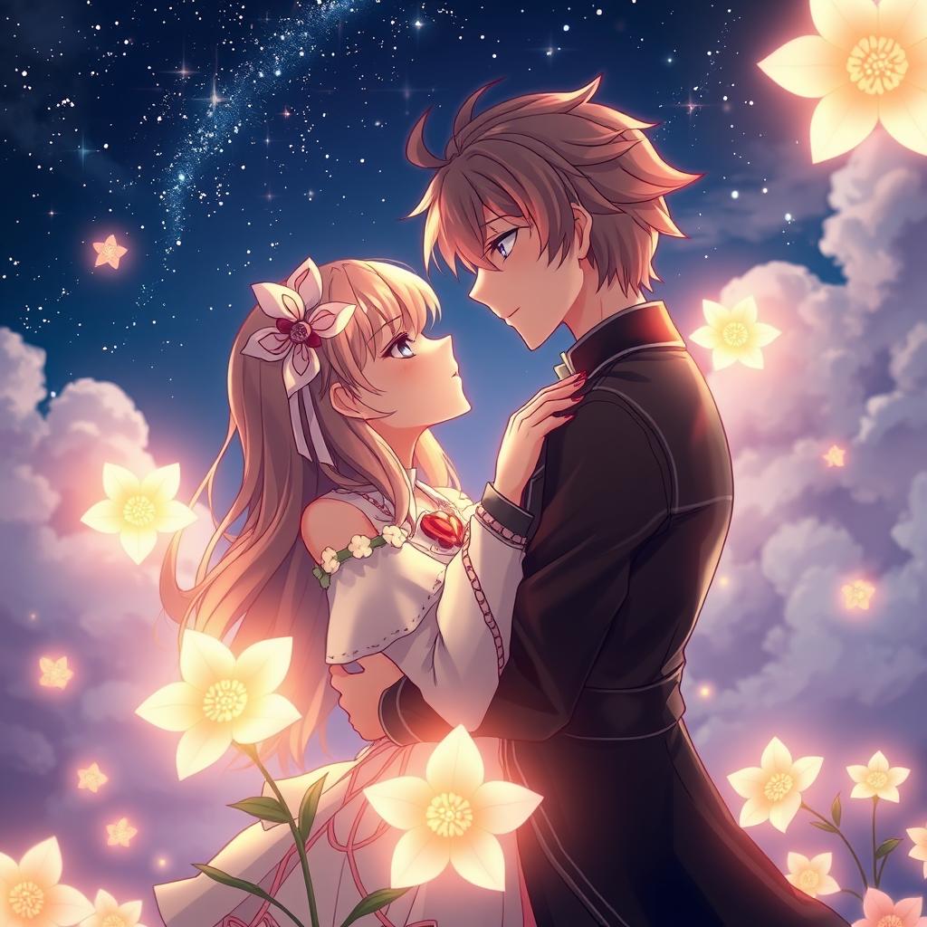 An enchanting anime scene depicting a passionate and devoted relationship, featuring two characters in a romantic embrace under a starlit sky