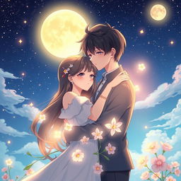 A romantic anime illustration depicting a couple embracing under a starlit sky, showcasing deep affection and longing for each other