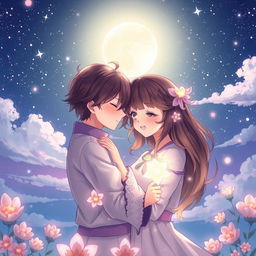 A romantic anime illustration depicting a couple embracing under a starlit sky, showcasing deep affection and longing for each other