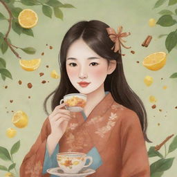 A whimsical cartoon of a Chinese girl peacefully sipping tea