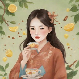 A whimsical cartoon of a Chinese girl peacefully sipping tea