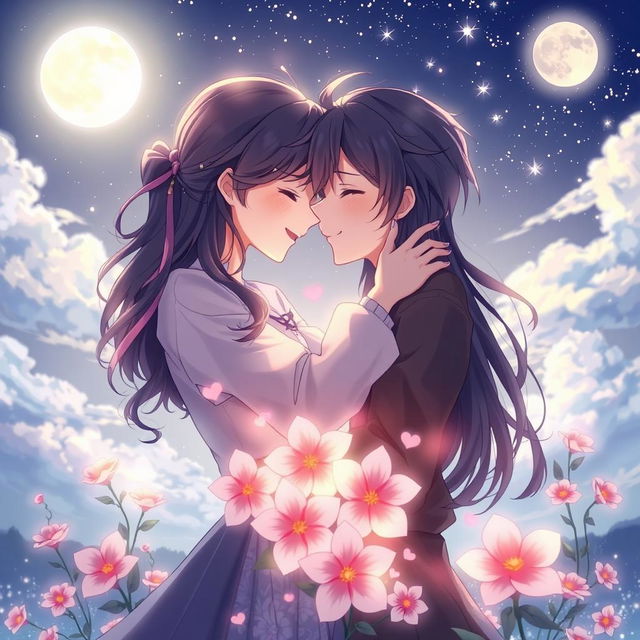 A romantic anime illustration depicting a couple embracing under a starlit sky, showcasing deep affection and longing for each other