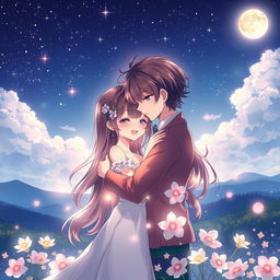 A romantic anime illustration depicting a couple embracing under a starlit sky, showcasing deep affection and longing for each other