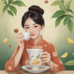 A whimsical cartoon of a Chinese girl peacefully sipping tea