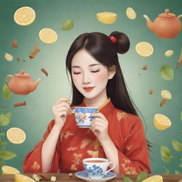 A whimsical cartoon of a Chinese girl peacefully sipping tea