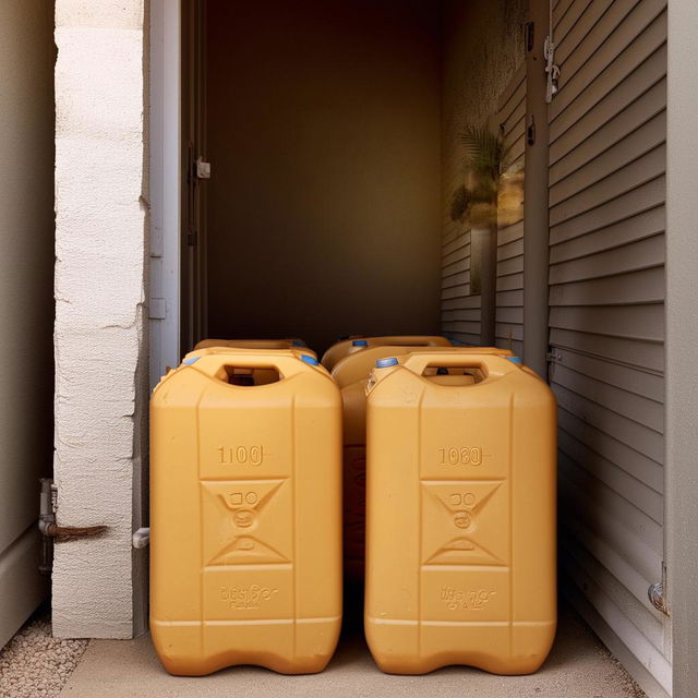 3 10-liter jerry cans in home garage