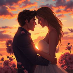 A romantic scene depicting two lovers in an embrace, surrounded by a magical atmosphere that conveys deep affection and longing