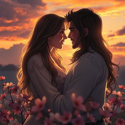 A romantic scene depicting two lovers in an embrace, surrounded by a magical atmosphere that conveys deep affection and longing