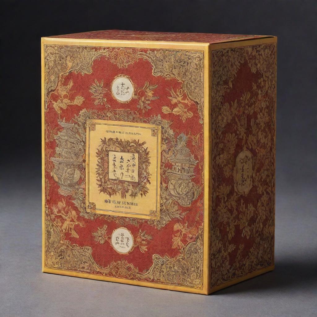 An ornate Chinese tea package, enriched with intricate illustrations and drawings