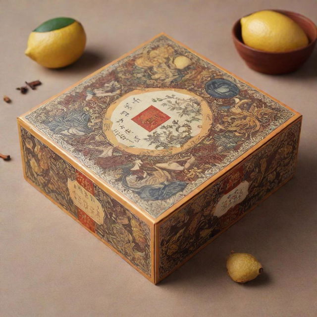 An ornate Chinese tea package, enriched with intricate illustrations and drawings