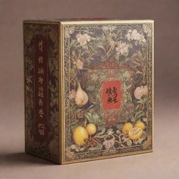 An ornate Chinese tea package, enriched with intricate illustrations and drawings