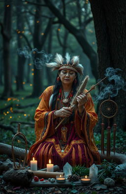 A mystic Native American scene depicting traditional witchcraft practices, featuring a wise Native American woman dressed in colorful, intricate ceremonial attire, adorned with feathers, beads, and other natural elements
