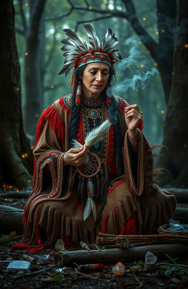 A mystic Native American scene depicting traditional witchcraft practices, featuring a wise Native American woman dressed in colorful, intricate ceremonial attire, adorned with feathers, beads, and other natural elements