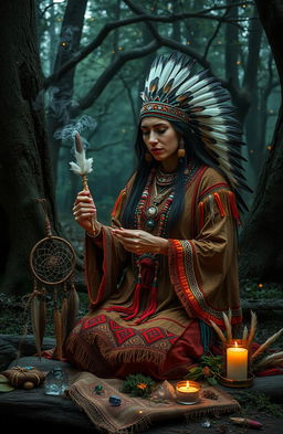 A mystic Native American scene depicting traditional witchcraft practices, featuring a wise Native American woman dressed in colorful, intricate ceremonial attire, adorned with feathers, beads, and other natural elements