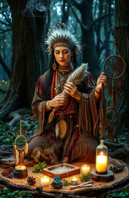 A mystic Native American scene depicting traditional witchcraft practices, featuring a wise Native American woman dressed in colorful, intricate ceremonial attire, adorned with feathers, beads, and other natural elements