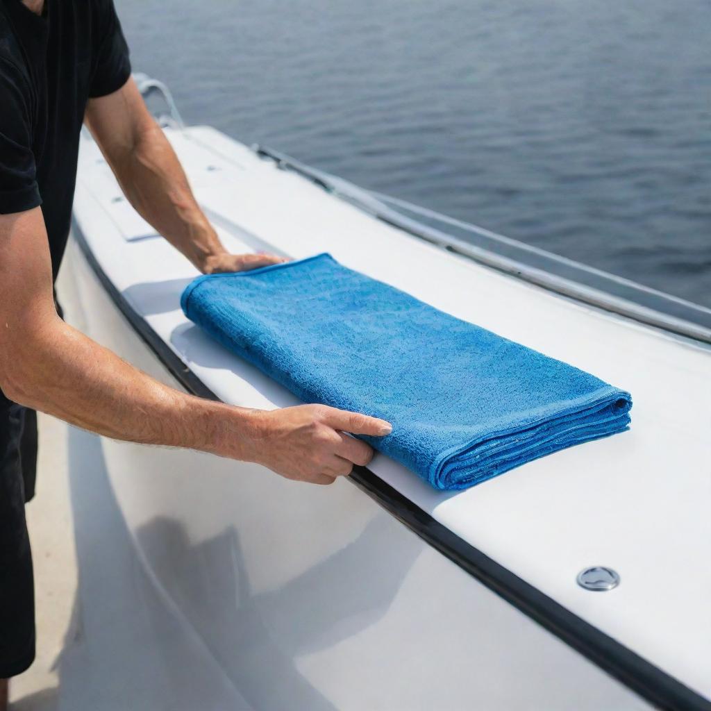 Cleaning a sleek, modern, and shiny speedboat with a microfiber towel.