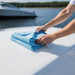 Cleaning a sleek, modern, and shiny speedboat with a microfiber towel.