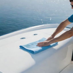 Cleaning a sleek, modern, and shiny speedboat with a microfiber towel.