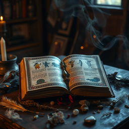 An ancient, beautifully decorated Native American witchcraft book, resting open on a wooden table in a dimly lit room