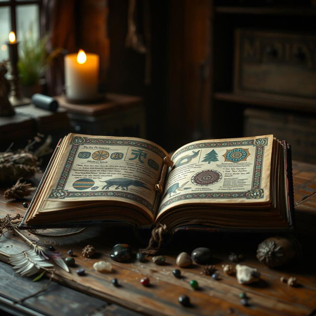 An ancient, beautifully decorated Native American witchcraft book, resting open on a wooden table in a dimly lit room