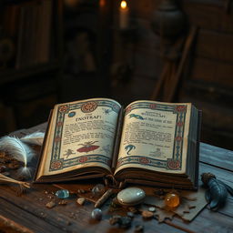 An ancient, beautifully decorated Native American witchcraft book, resting open on a wooden table in a dimly lit room