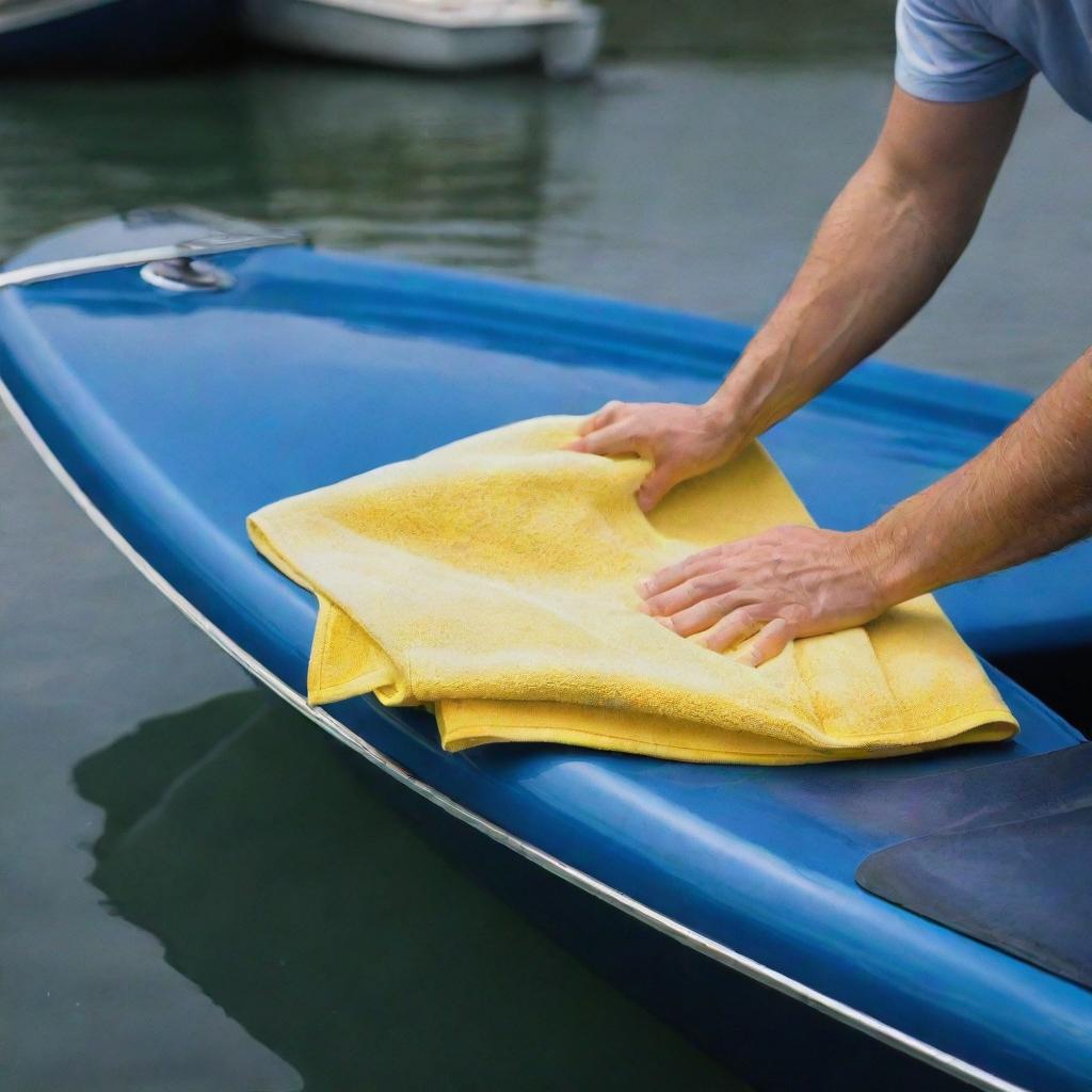 Cleaning a sleek, modern, shiny blue speedboat with a yellow microfiber towel.