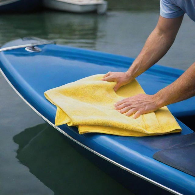 Cleaning a sleek, modern, shiny blue speedboat with a yellow microfiber towel.