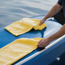 Cleaning a sleek, modern, shiny blue speedboat with a yellow microfiber towel.