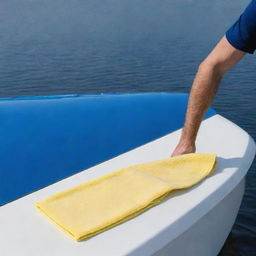 Cleaning a sleek, modern, shiny blue speedboat with a yellow microfiber towel.