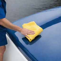 Cleaning a sleek, modern, shiny blue speedboat with a yellow microfiber towel.