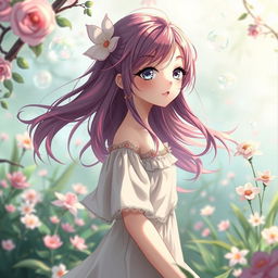 A beautiful anime girl with striking features and vibrant hair, standing gracefully in a whimsical fantasy setting