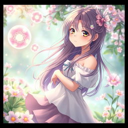 A beautiful anime girl with striking features and vibrant hair, standing gracefully in a whimsical fantasy setting
